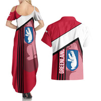 Greenland Couples Matching Summer Maxi Dress and Hawaiian Shirt with Polar Bear Emblem and Land of Ice Heart of Fire Text Design