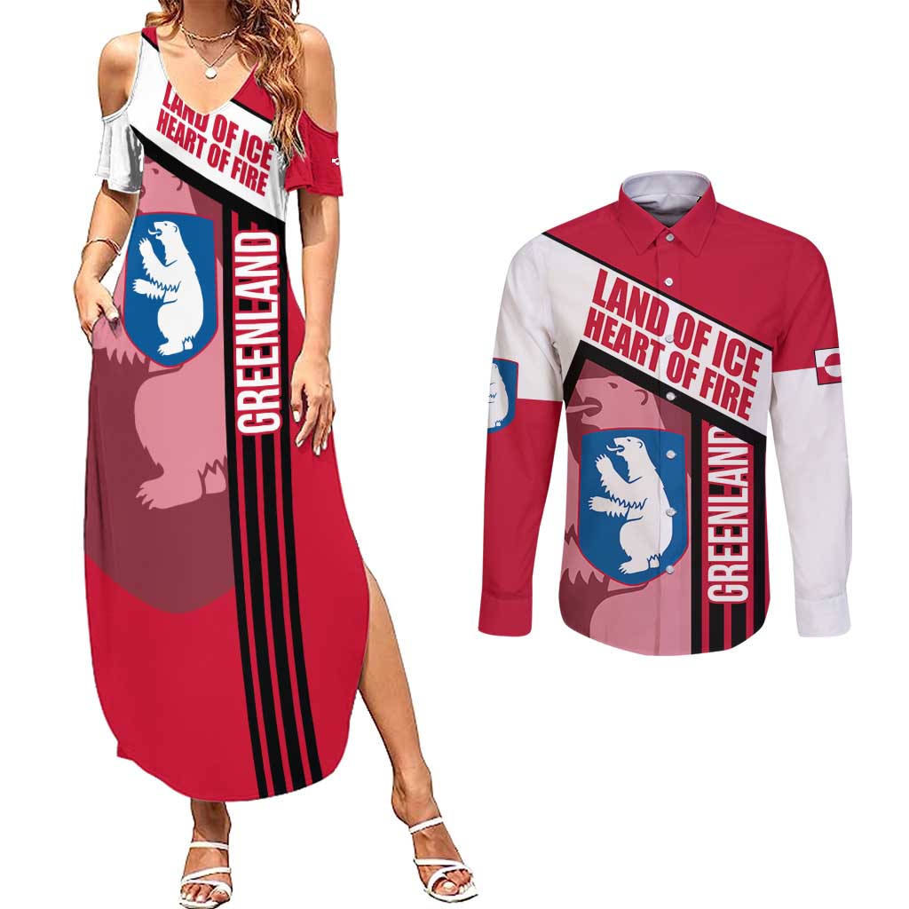Greenland Couples Matching Summer Maxi Dress and Long Sleeve Button Shirt with Polar Bear Emblem and Land of Ice Heart of Fire Text Design