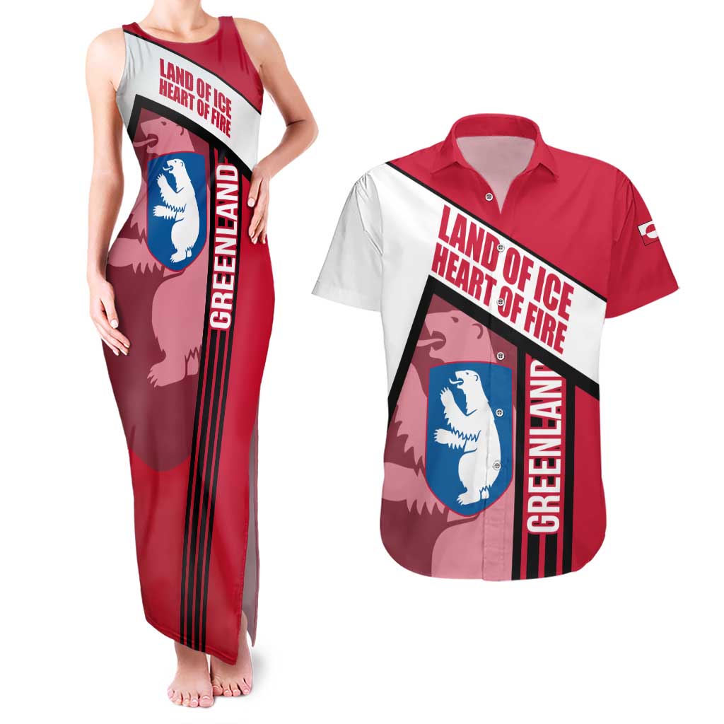 Greenland Couples Matching Tank Maxi Dress and Hawaiian Shirt with Polar Bear Emblem and Land of Ice Heart of Fire Text Design