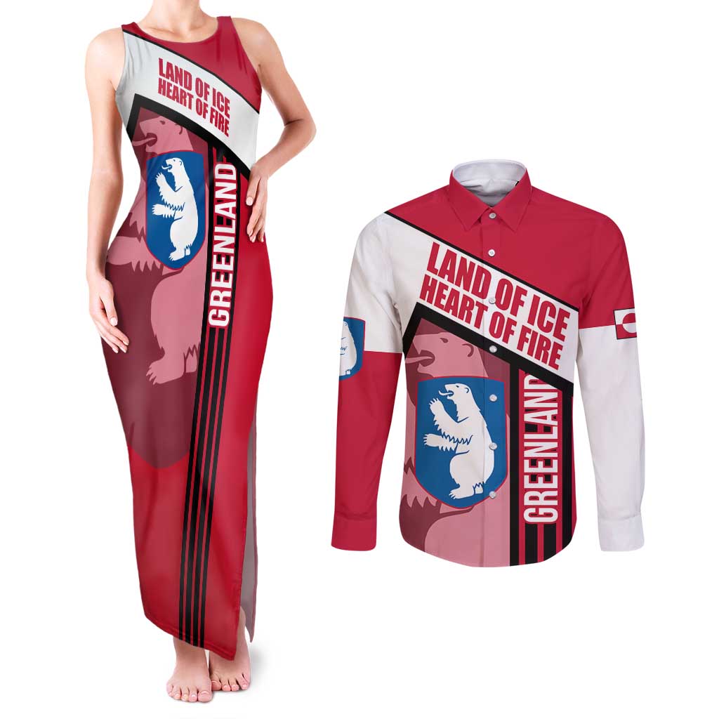 Greenland Couples Matching Tank Maxi Dress and Long Sleeve Button Shirt with Polar Bear Emblem and Land of Ice Heart of Fire Text Design