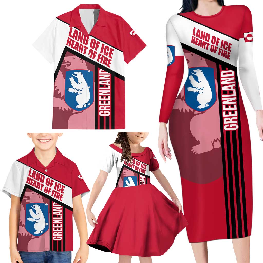 Greenland Family Matching Long Sleeve Bodycon Dress and Hawaiian Shirt with Polar Bear Emblem and Land of Ice Heart of Fire Text Design