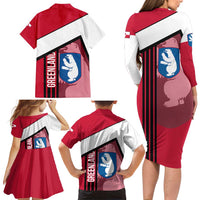 Greenland Family Matching Long Sleeve Bodycon Dress and Hawaiian Shirt with Polar Bear Emblem and Land of Ice Heart of Fire Text Design