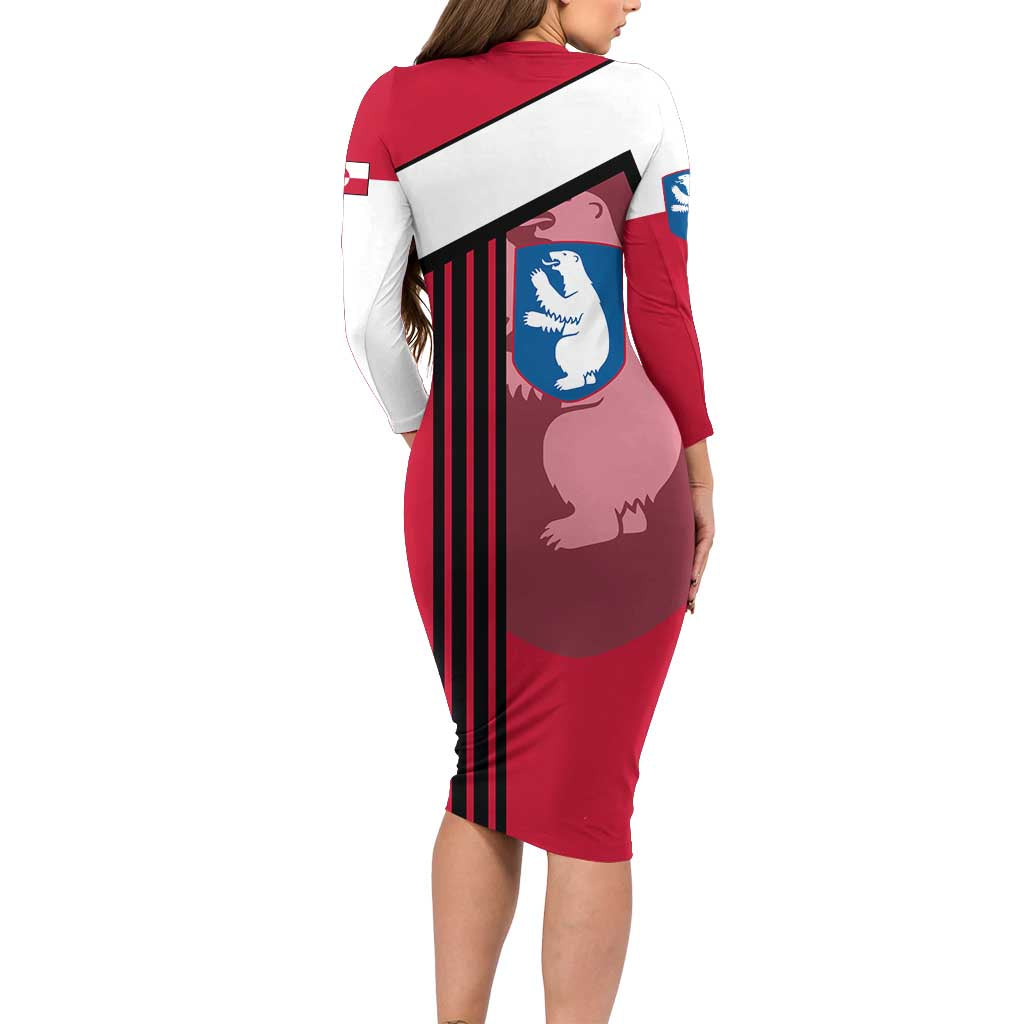 Greenland Family Matching Long Sleeve Bodycon Dress and Hawaiian Shirt with Polar Bear Emblem and Land of Ice Heart of Fire Text Design