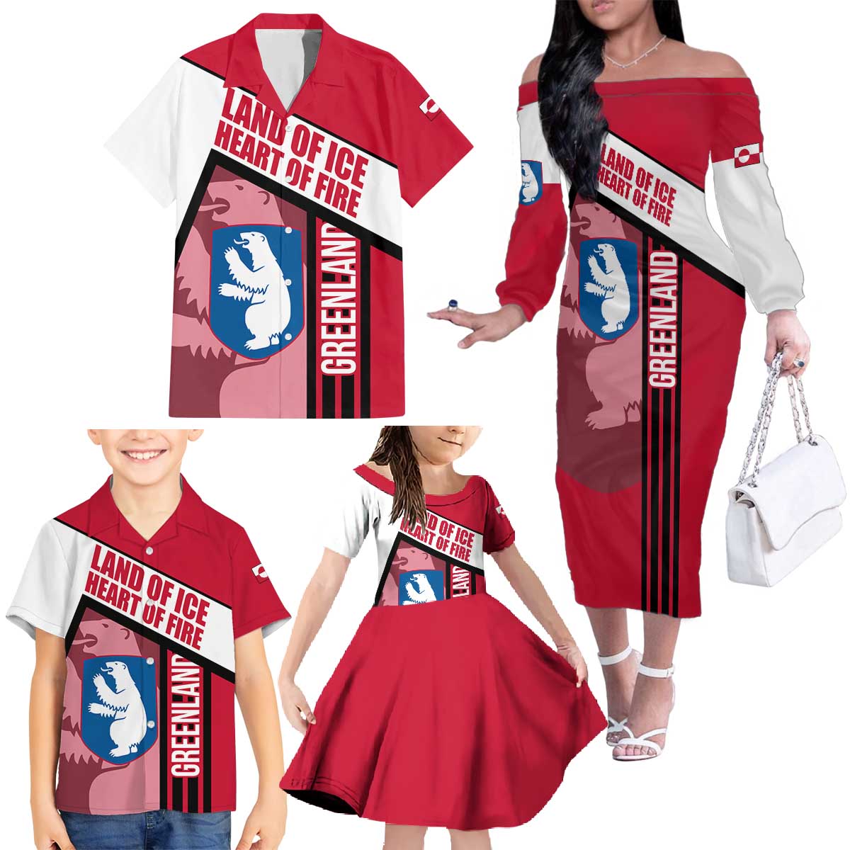 Greenland Family Matching Off The Shoulder Long Sleeve Dress and Hawaiian Shirt with Polar Bear Emblem and Land of Ice Heart of Fire Text Design