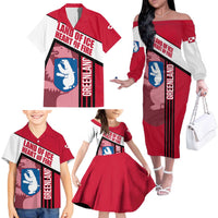 Greenland Family Matching Off The Shoulder Long Sleeve Dress and Hawaiian Shirt with Polar Bear Emblem and Land of Ice Heart of Fire Text Design