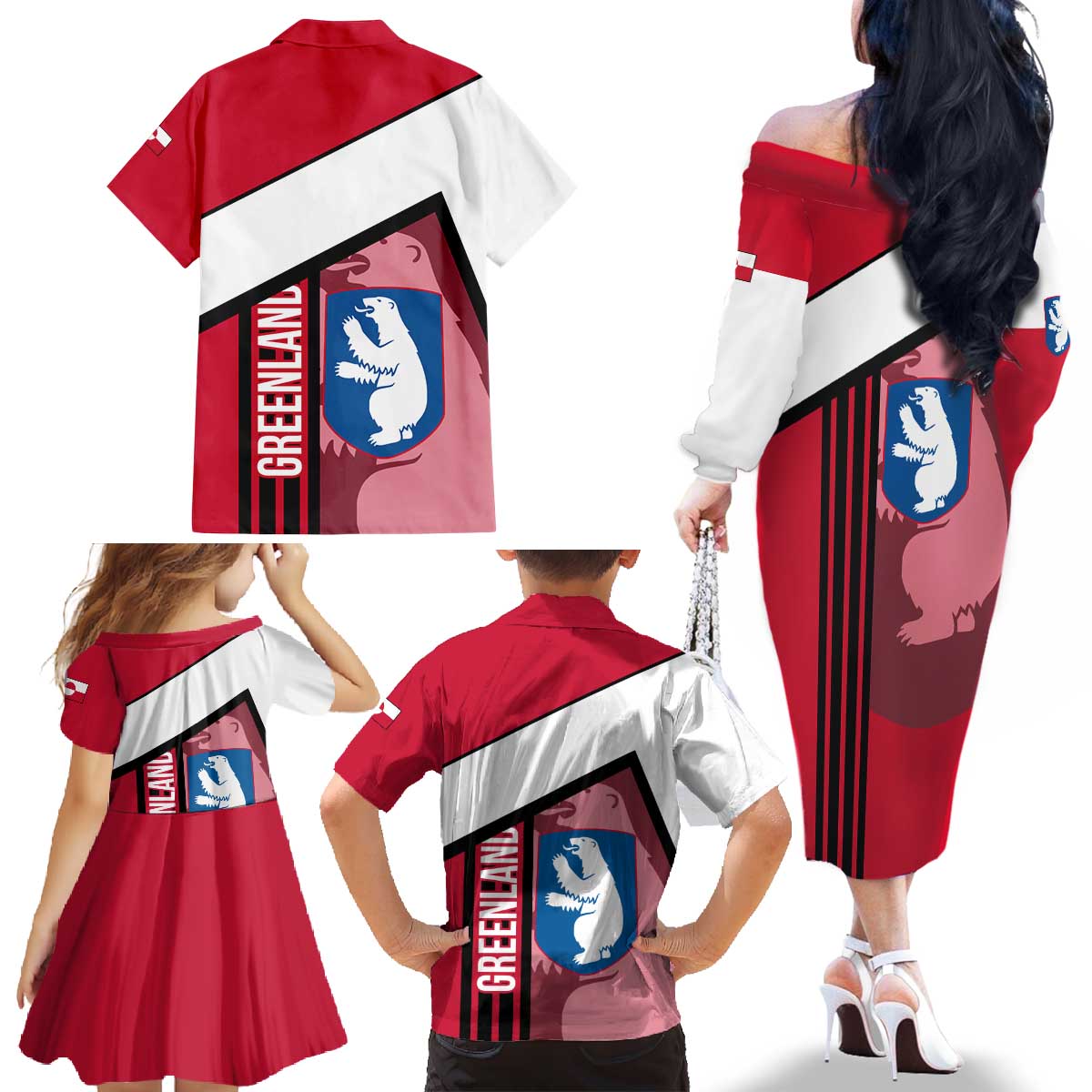 Greenland Family Matching Off The Shoulder Long Sleeve Dress and Hawaiian Shirt with Polar Bear Emblem and Land of Ice Heart of Fire Text Design