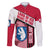 Greenland Family Matching Off The Shoulder Long Sleeve Dress and Hawaiian Shirt with Polar Bear Emblem and Land of Ice Heart of Fire Text Design