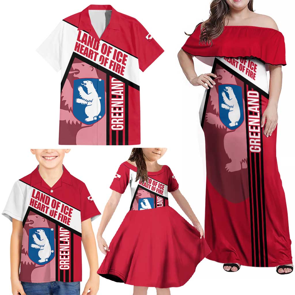 Greenland Family Matching Off Shoulder Maxi Dress and Hawaiian Shirt with Polar Bear Emblem and Land of Ice Heart of Fire Text Design