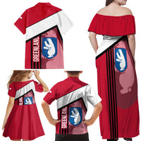 Greenland Family Matching Off Shoulder Maxi Dress and Hawaiian Shirt with Polar Bear Emblem and Land of Ice Heart of Fire Text Design