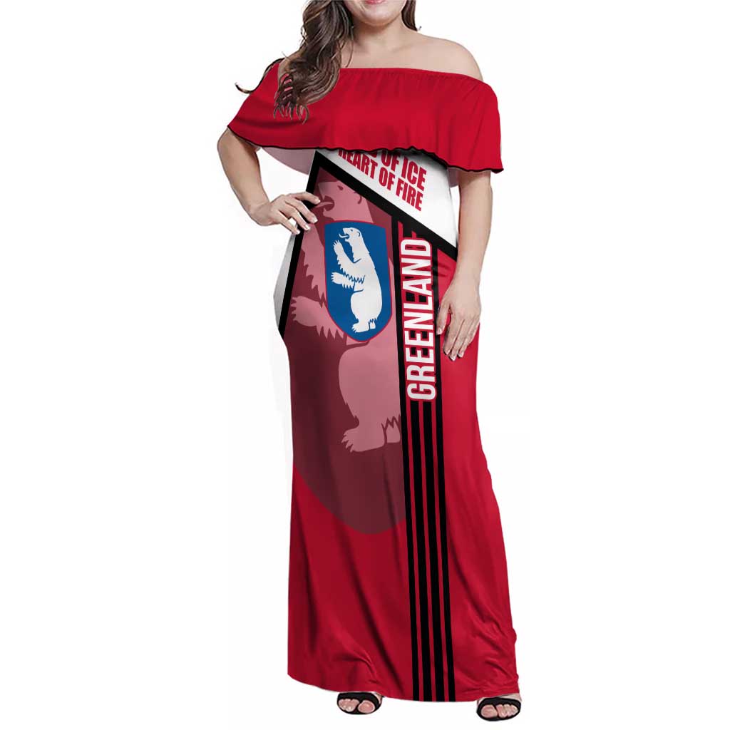 Greenland Family Matching Off Shoulder Maxi Dress and Hawaiian Shirt with Polar Bear Emblem and Land of Ice Heart of Fire Text Design