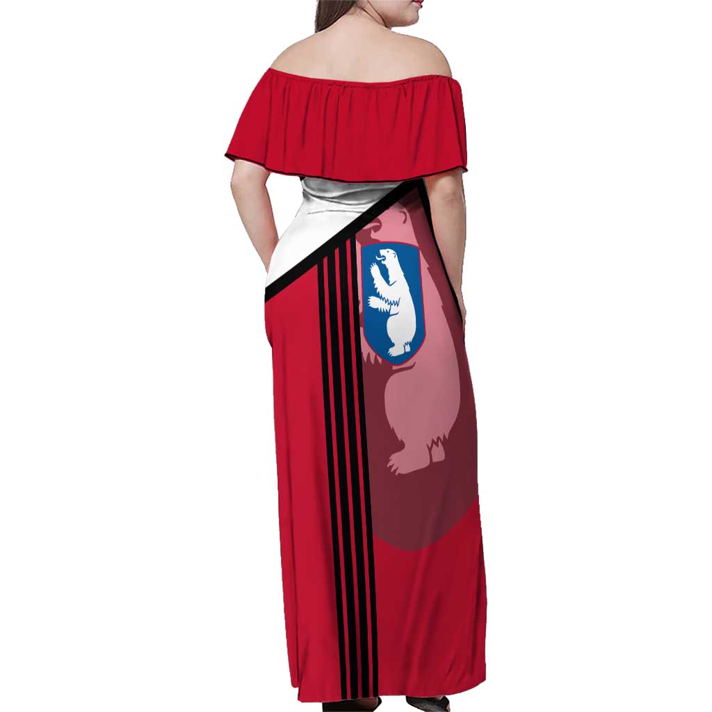 Greenland Family Matching Off Shoulder Maxi Dress and Hawaiian Shirt with Polar Bear Emblem and Land of Ice Heart of Fire Text Design