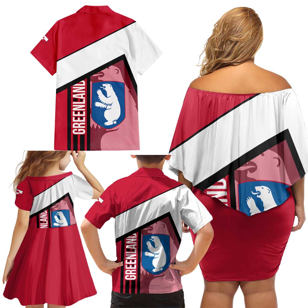Greenland Family Matching Off Shoulder Short Dress and Hawaiian Shirt with Polar Bear Emblem and Land of Ice Heart of Fire Text Design