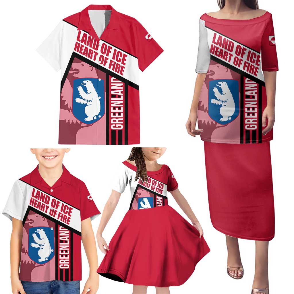Greenland Family Matching Puletasi and Hawaiian Shirt with Polar Bear Emblem and Land of Ice Heart of Fire Text Design
