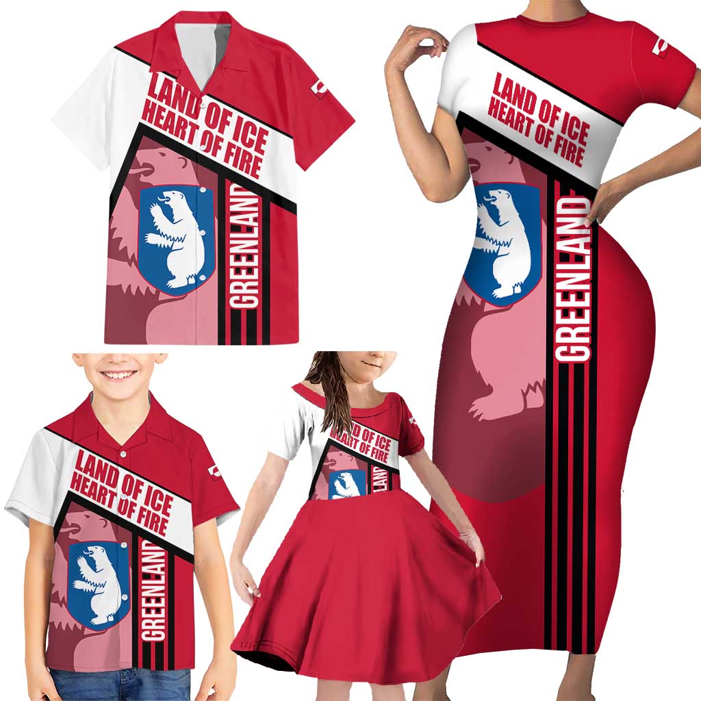 Greenland Family Matching Short Sleeve Bodycon Dress and Hawaiian Shirt with Polar Bear Emblem and Land of Ice Heart of Fire Text Design