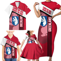 Greenland Family Matching Short Sleeve Bodycon Dress and Hawaiian Shirt with Polar Bear Emblem and Land of Ice Heart of Fire Text Design