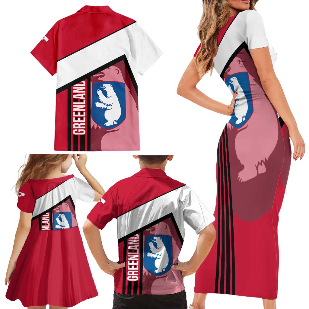 Greenland Family Matching Short Sleeve Bodycon Dress and Hawaiian Shirt with Polar Bear Emblem and Land of Ice Heart of Fire Text Design