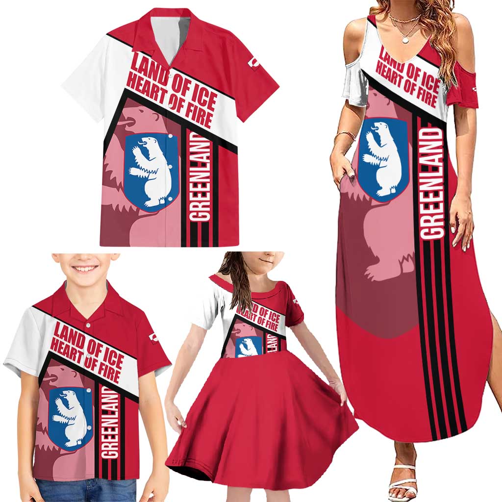 Greenland Family Matching Summer Maxi Dress and Hawaiian Shirt with Polar Bear Emblem and Land of Ice Heart of Fire Text Design
