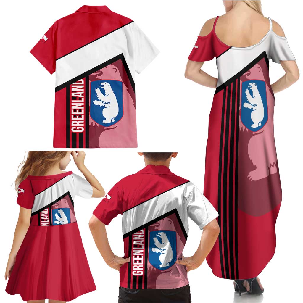 Greenland Family Matching Summer Maxi Dress and Hawaiian Shirt with Polar Bear Emblem and Land of Ice Heart of Fire Text Design