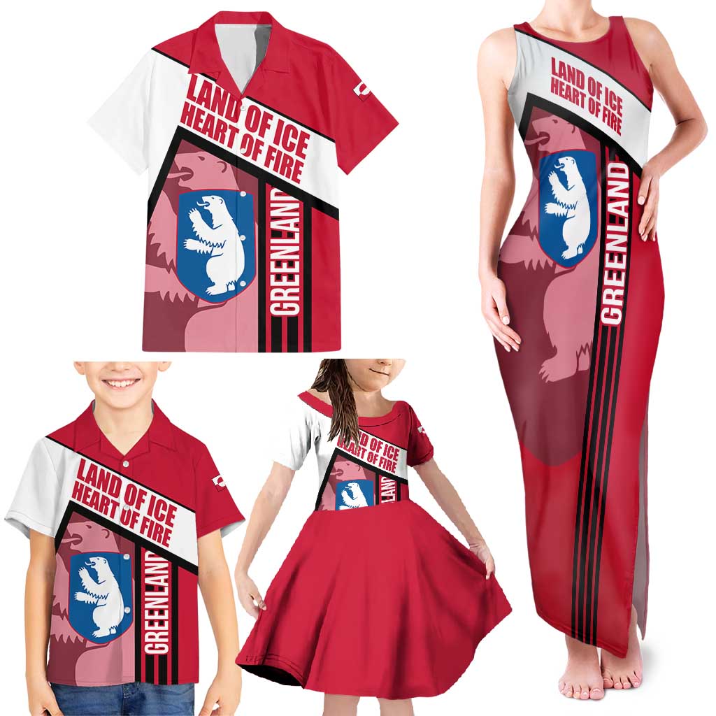 Greenland Family Matching Tank Maxi Dress and Hawaiian Shirt with Polar Bear Emblem and Land of Ice Heart of Fire Text Design