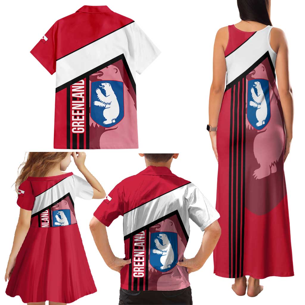Greenland Family Matching Tank Maxi Dress and Hawaiian Shirt with Polar Bear Emblem and Land of Ice Heart of Fire Text Design