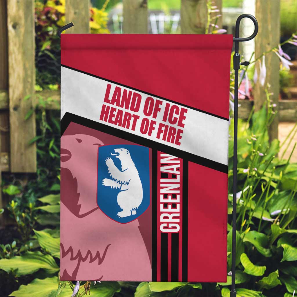Greenland Garden Flag with Polar Bear Emblem and Land of Ice Heart of Fire Text Design