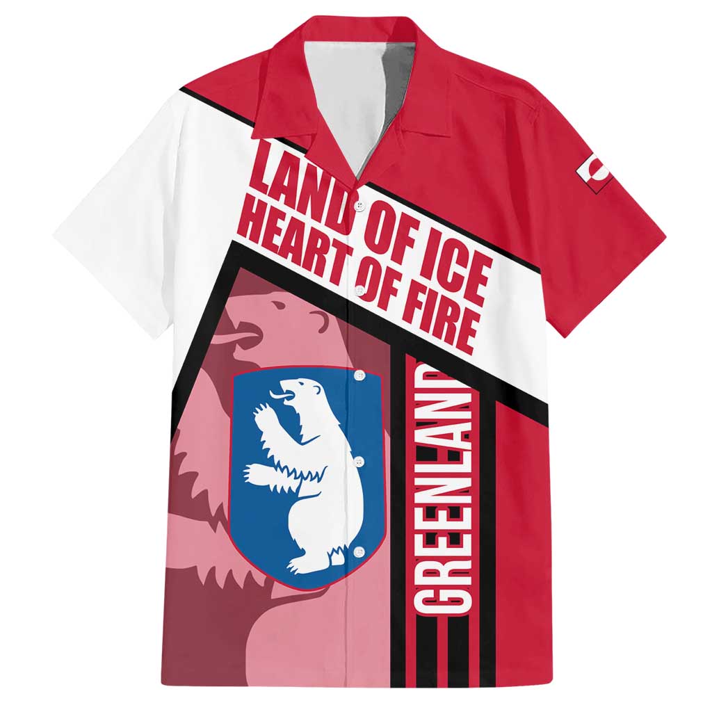 Greenland Hawaiian Shirt with Polar Bear Emblem and Land of Ice Heart of Fire Text Design
