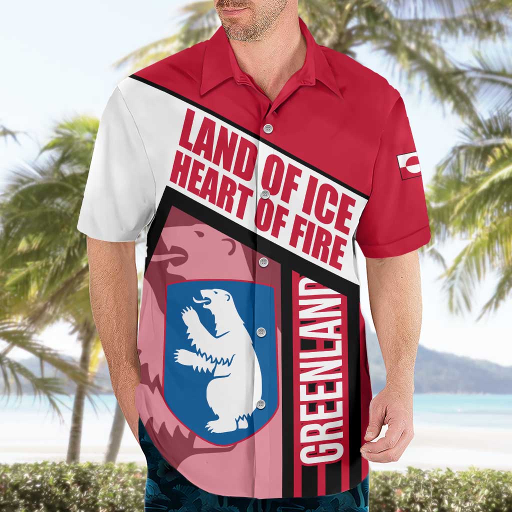 Greenland Hawaiian Shirt with Polar Bear Emblem and Land of Ice Heart of Fire Text Design