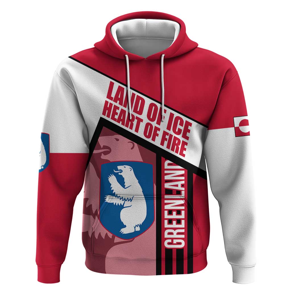 Greenland Hoodie with Polar Bear Emblem and Land of Ice Heart of Fire Text Design