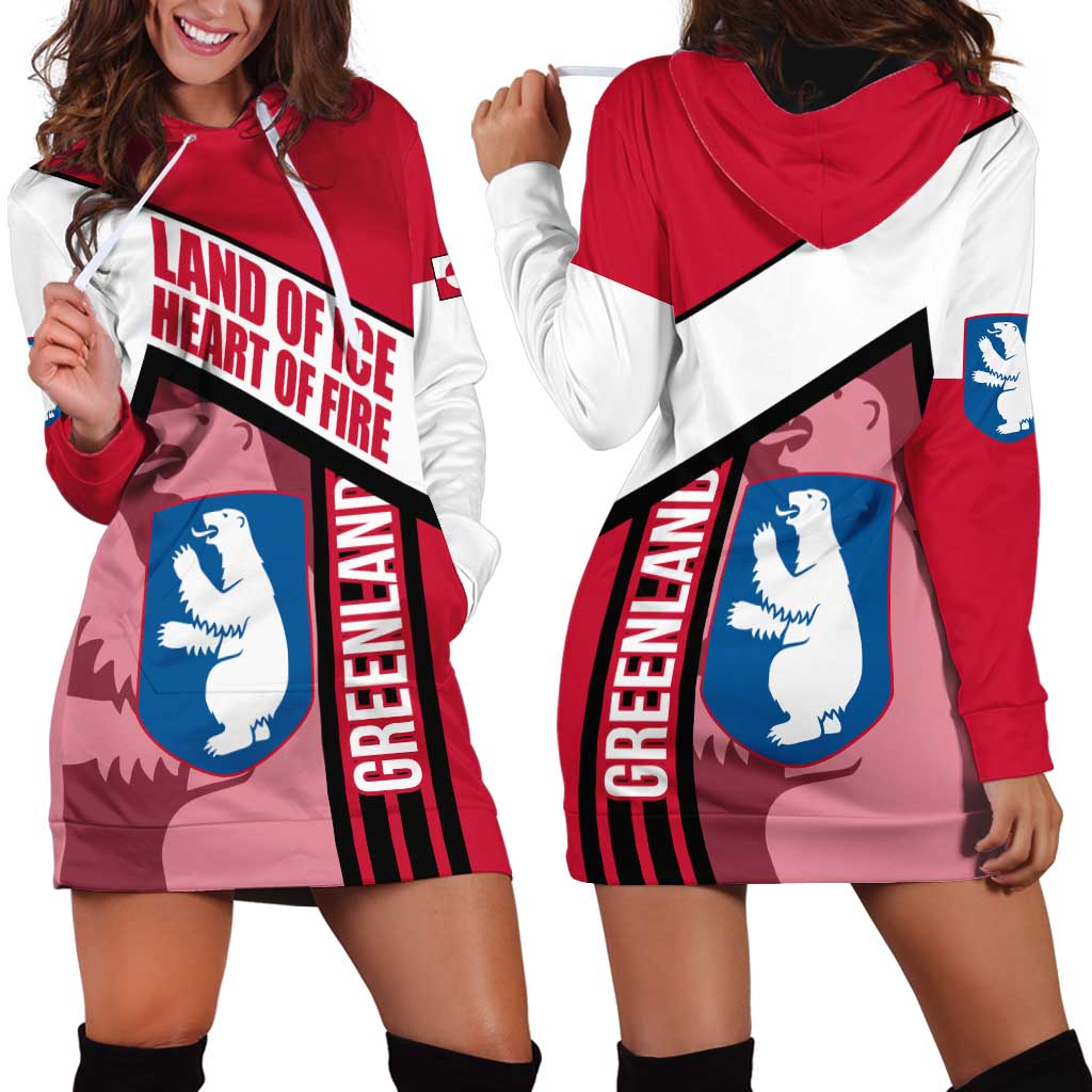 Greenland Hoodie Dress with Polar Bear Emblem and Land of Ice Heart of Fire Text Design