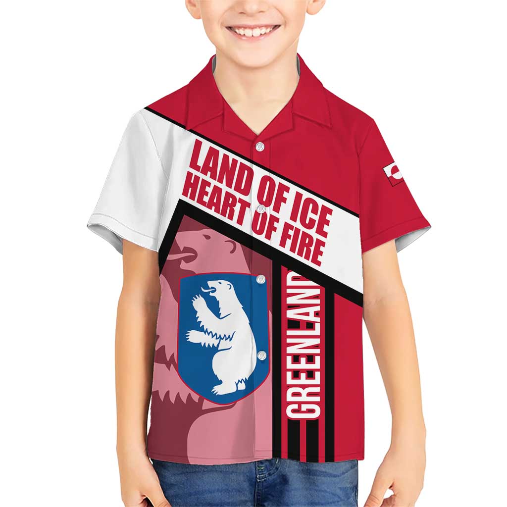 Greenland Kid Hawaiian Shirt with Polar Bear Emblem and Land of Ice Heart of Fire Text Design