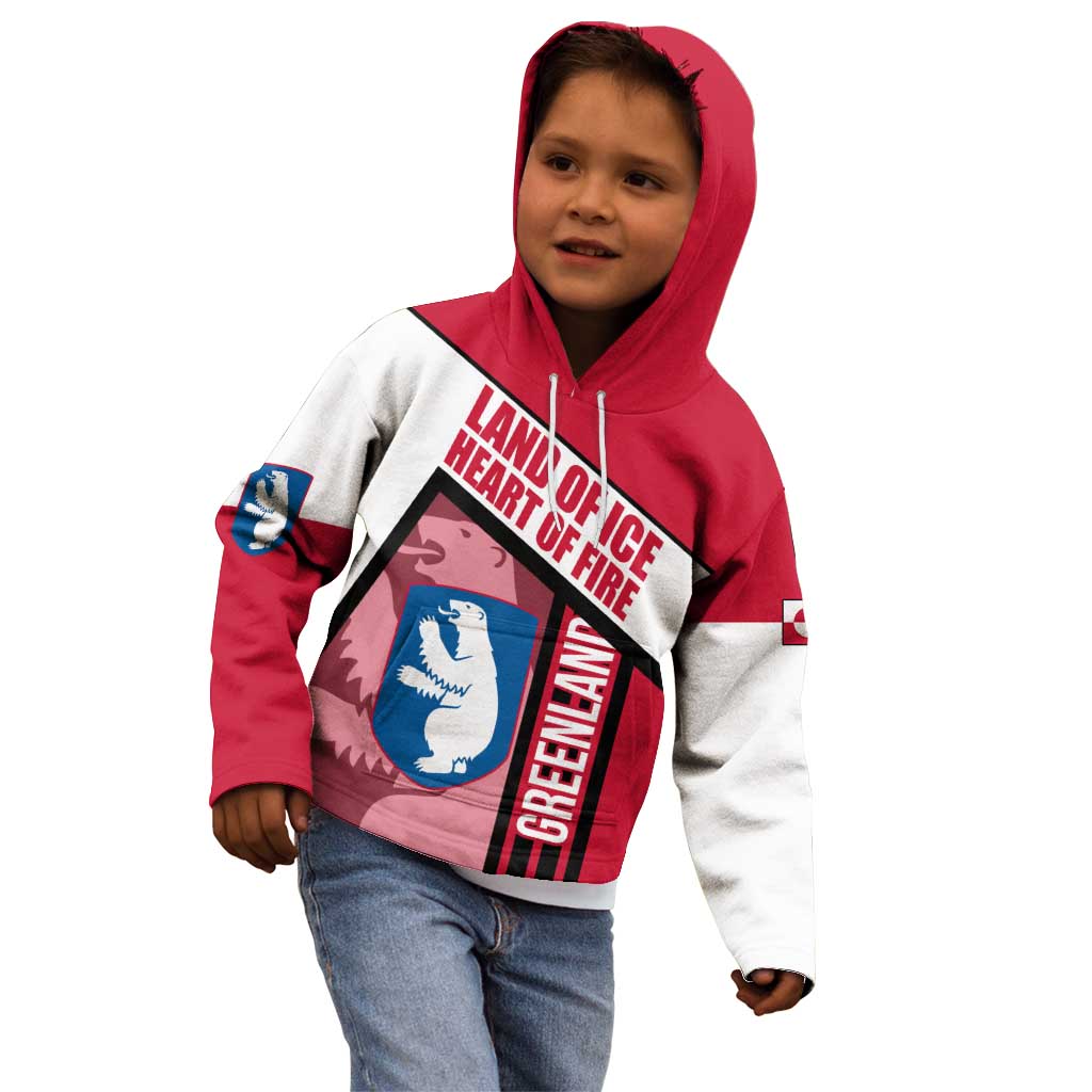 Greenland Kid Hoodie with Polar Bear Emblem and Land of Ice Heart of Fire Text Design