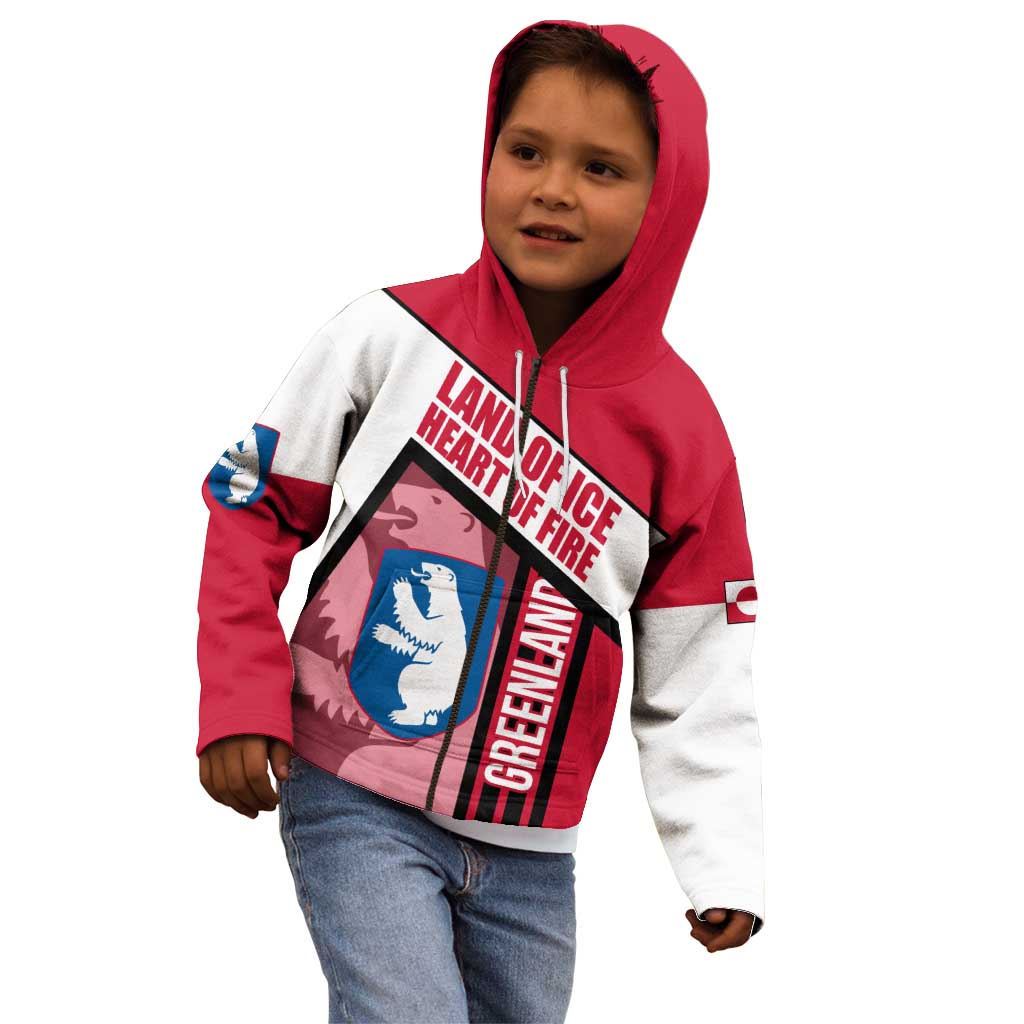 Greenland Kid Hoodie with Polar Bear Emblem and Land of Ice Heart of Fire Text Design
