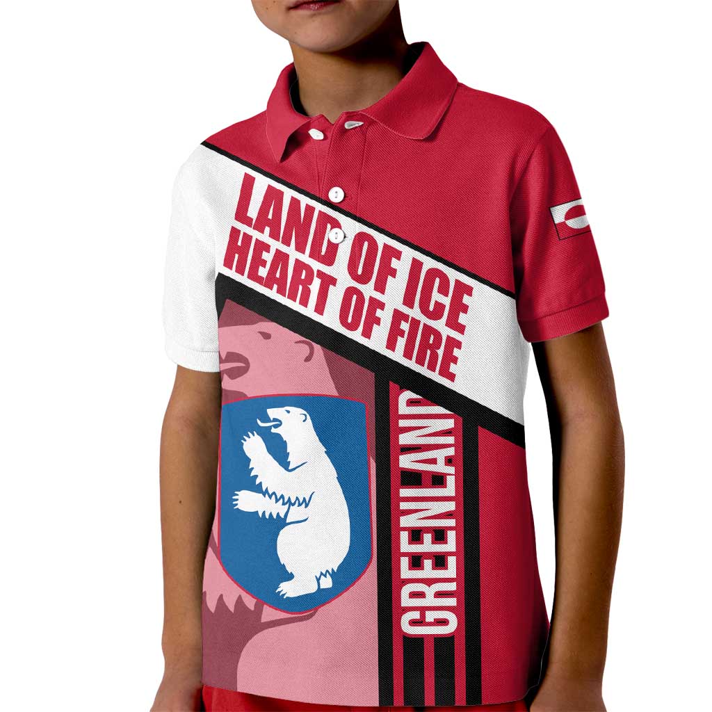 Greenland Kid Polo Shirt with Polar Bear Emblem and Land of Ice Heart of Fire Text Design