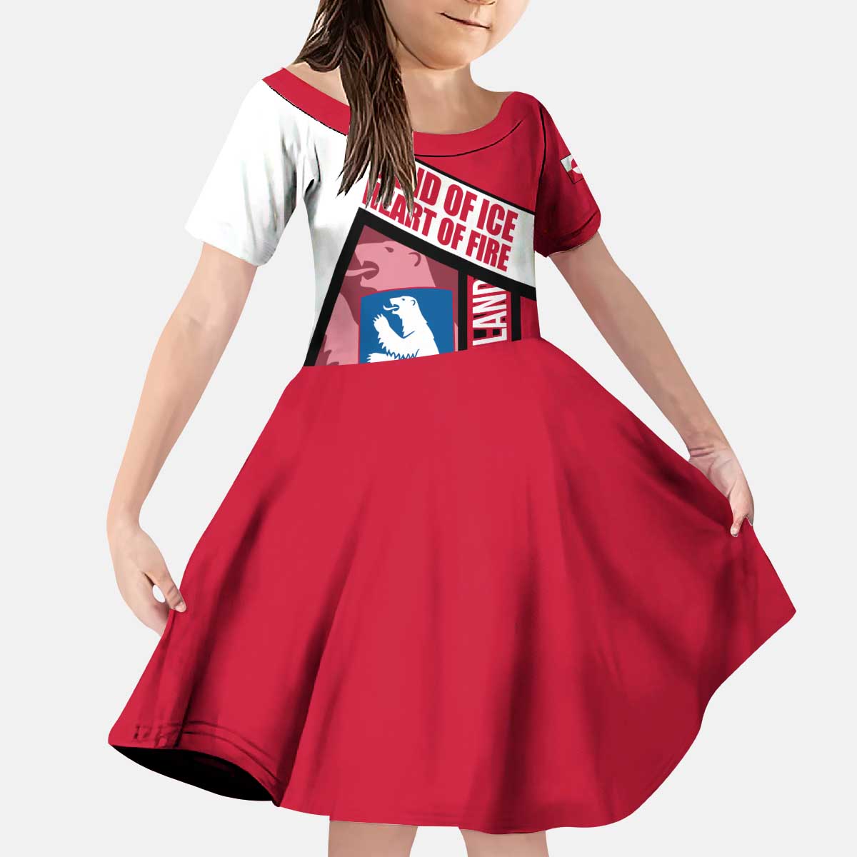 Greenland Kid Short Sleeve Dress with Polar Bear Emblem and Land of Ice Heart of Fire Text Design