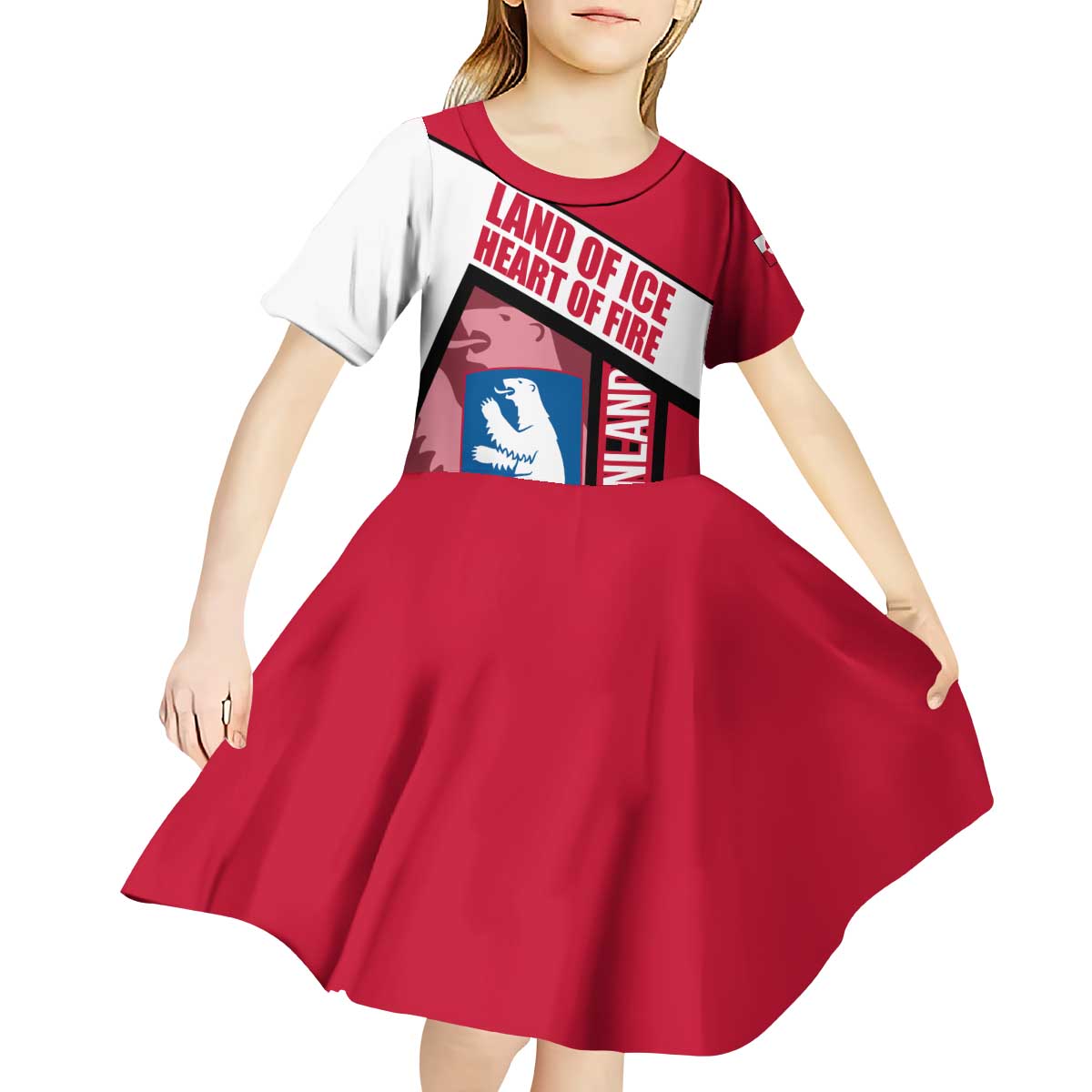 Greenland Kid Short Sleeve Dress with Polar Bear Emblem and Land of Ice Heart of Fire Text Design