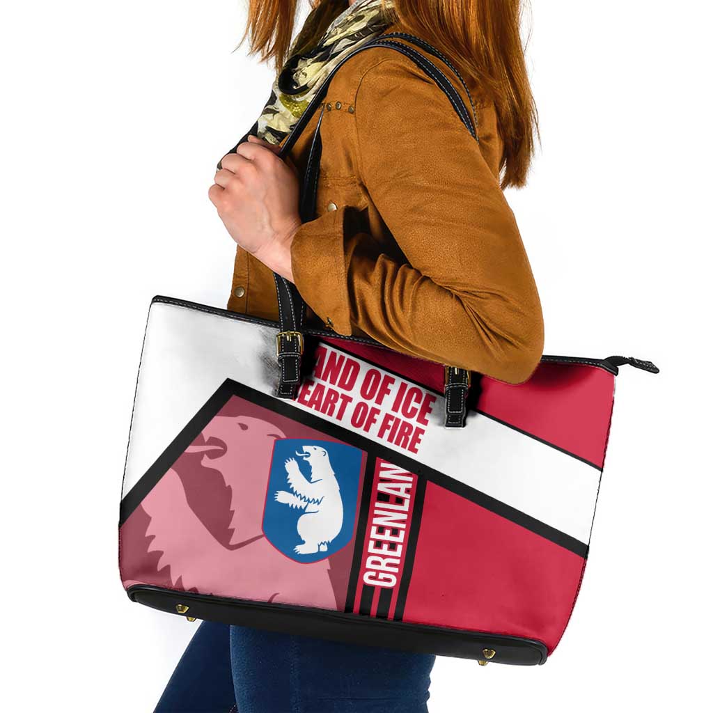 Greenland Leather Tote Bag with Polar Bear Emblem and Land of Ice Heart of Fire Text Design