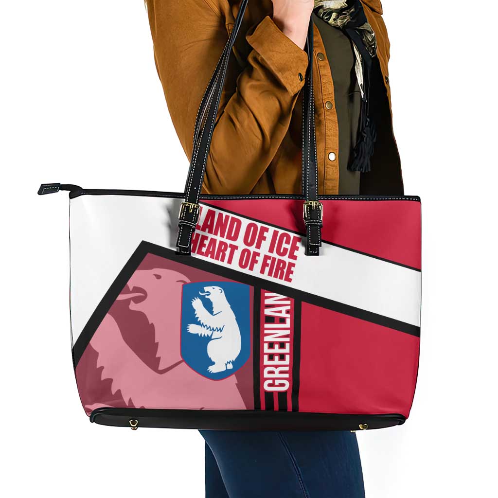 Greenland Leather Tote Bag with Polar Bear Emblem and Land of Ice Heart of Fire Text Design