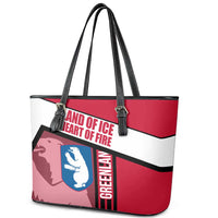 Greenland Leather Tote Bag with Polar Bear Emblem and Land of Ice Heart of Fire Text Design
