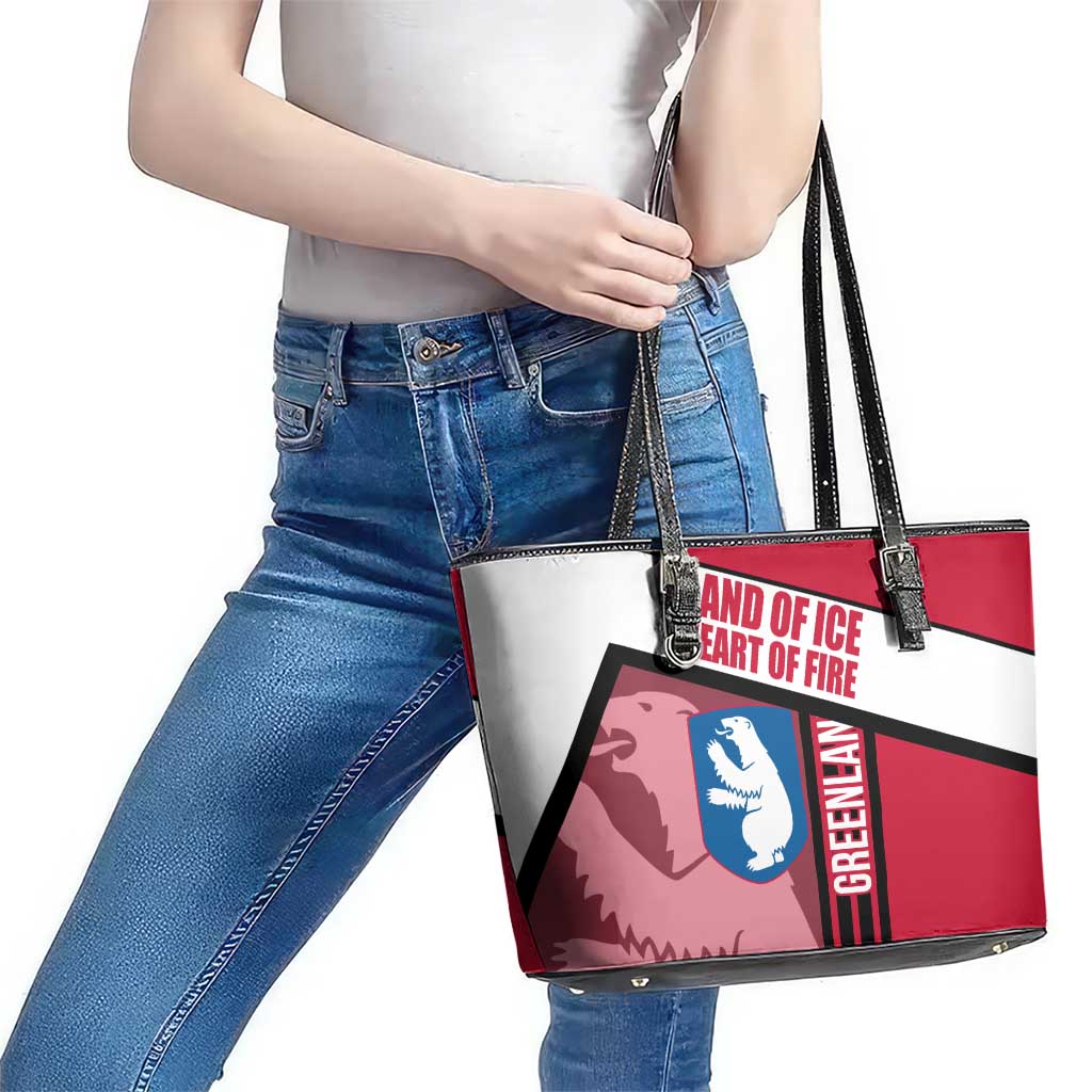 Greenland Leather Tote Bag with Polar Bear Emblem and Land of Ice Heart of Fire Text Design