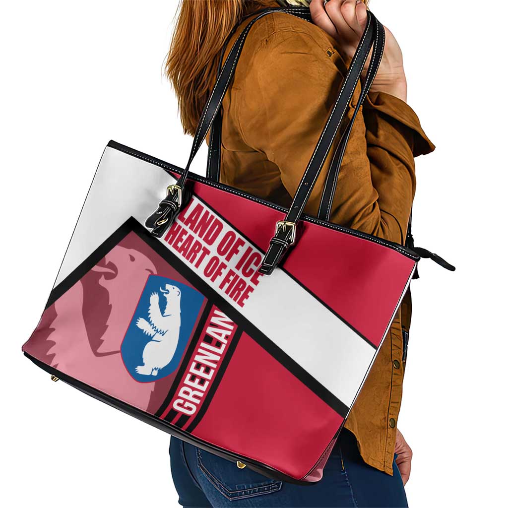 Greenland Leather Tote Bag with Polar Bear Emblem and Land of Ice Heart of Fire Text Design