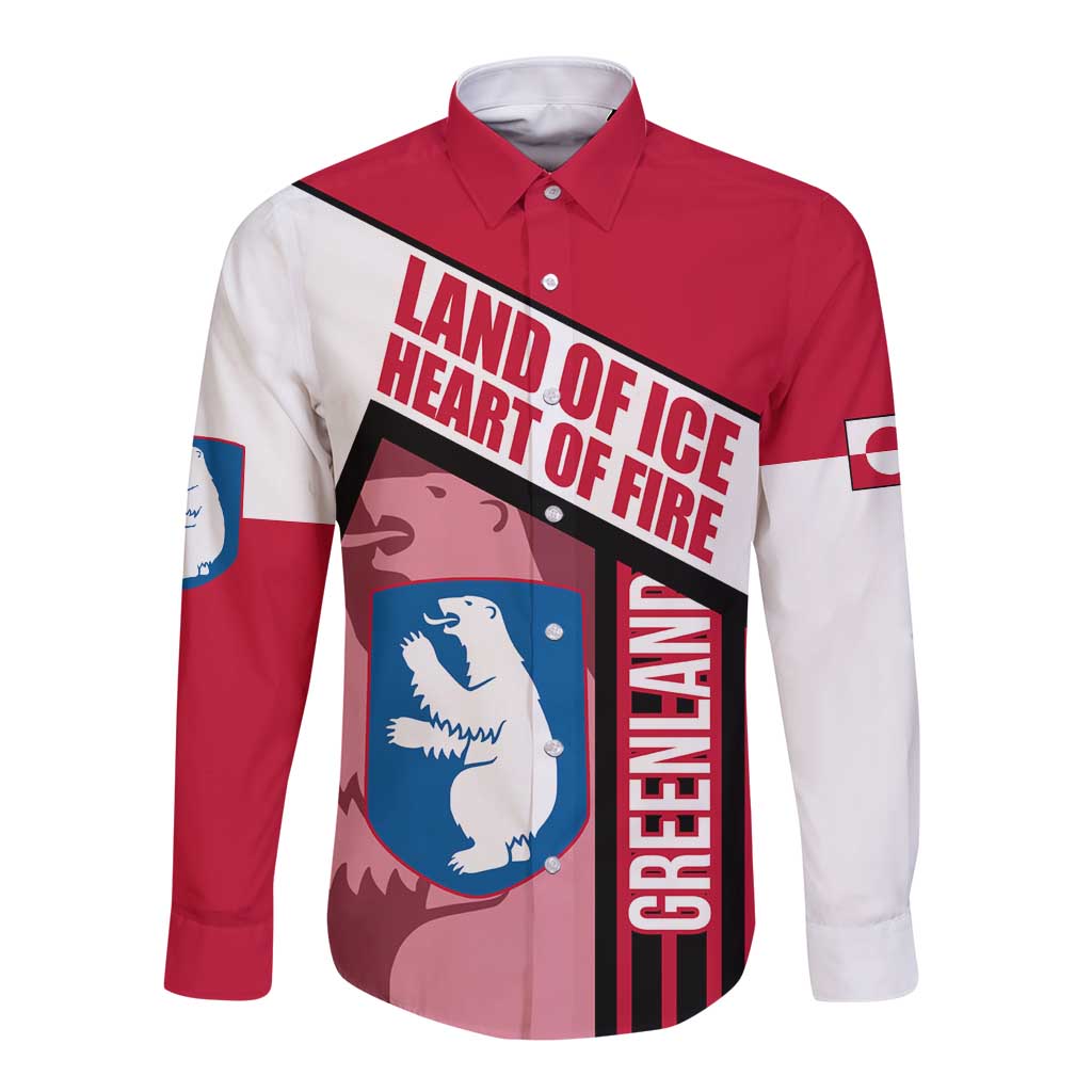 Greenland Long Sleeve Button Shirt with Polar Bear Emblem and Land of Ice Heart of Fire Text Design