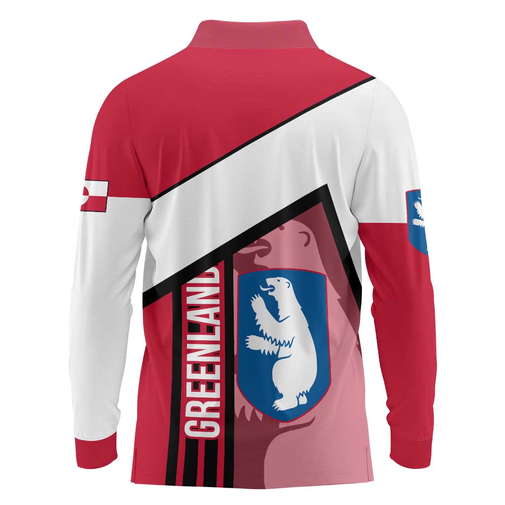 Greenland Long Sleeve Polo Shirt with Polar Bear Emblem and Land of Ice Heart of Fire Text Design