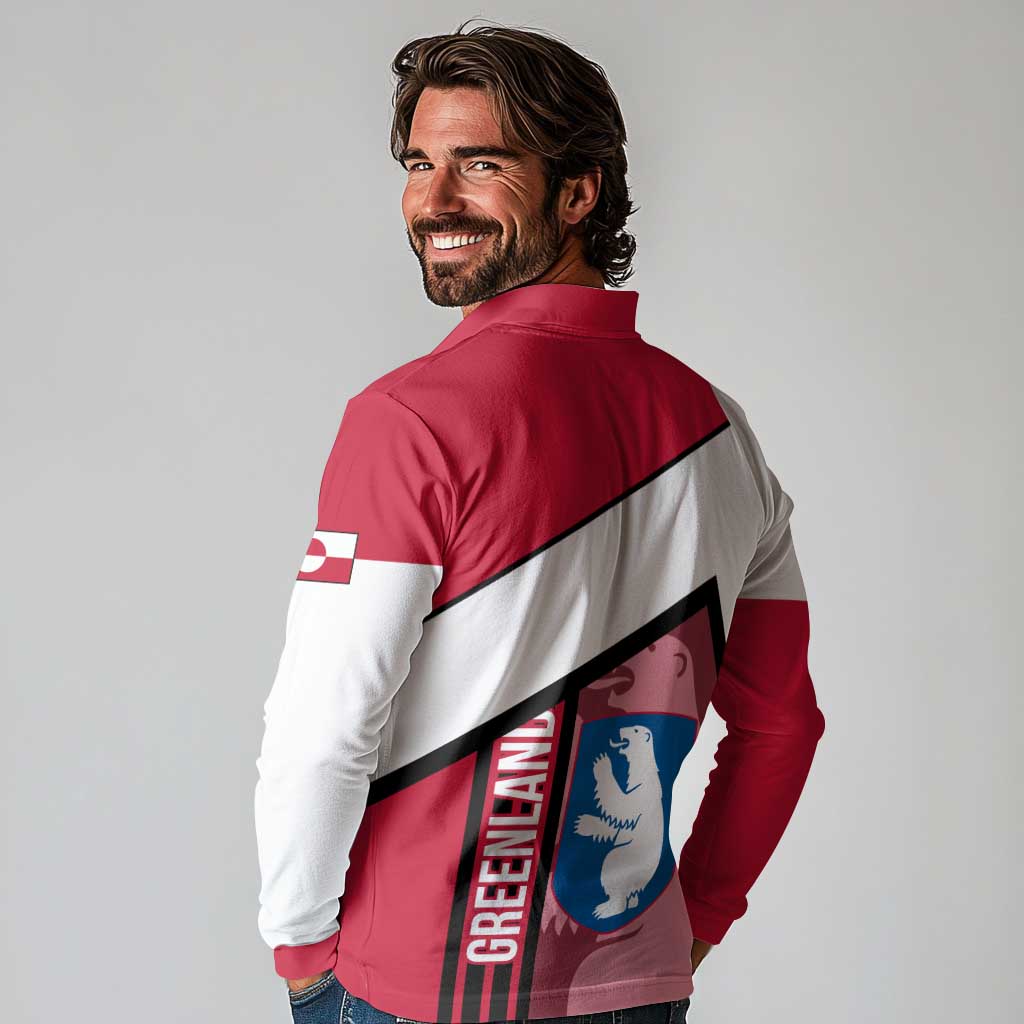 Greenland Long Sleeve Polo Shirt with Polar Bear Emblem and Land of Ice Heart of Fire Text Design
