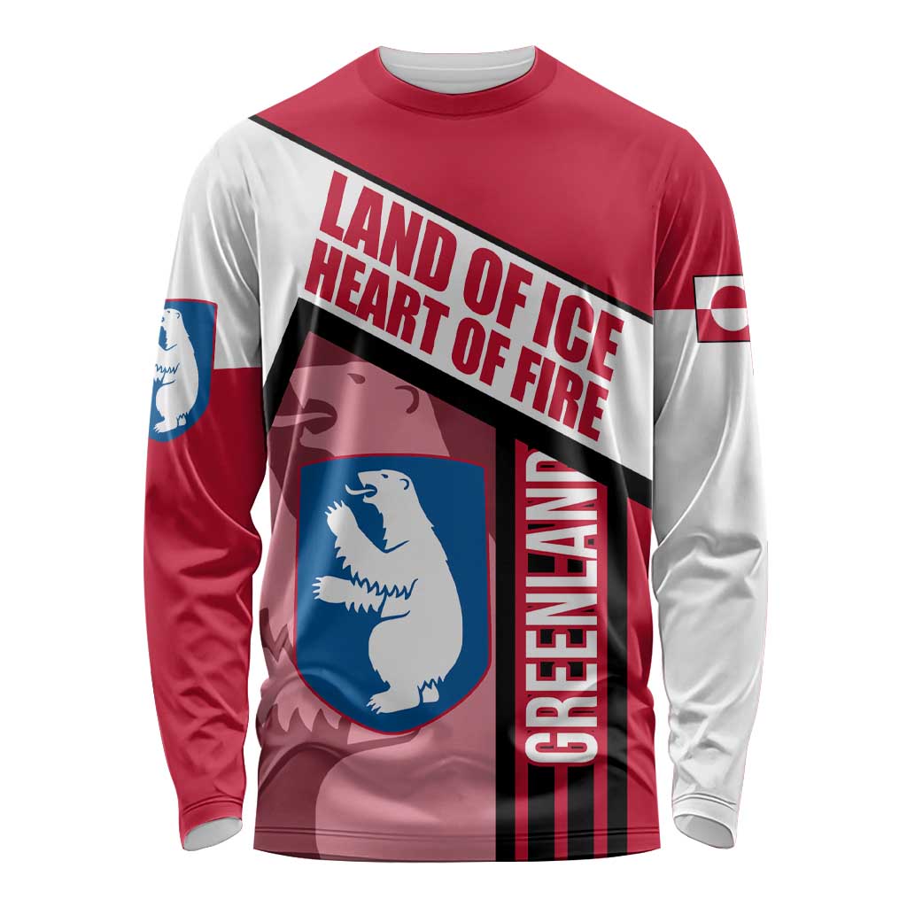 Greenland Long Sleeve Shirt with Polar Bear Emblem and Land of Ice Heart of Fire Text Design