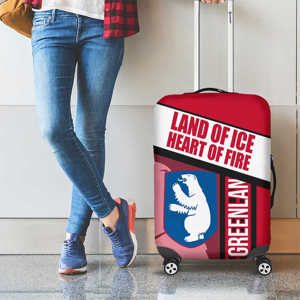 Greenland Luggage Cover with Polar Bear Emblem and Land of Ice Heart of Fire Text Design