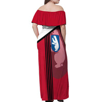 Greenland Off Shoulder Maxi Dress with Polar Bear Emblem and Land of Ice Heart of Fire Text Design