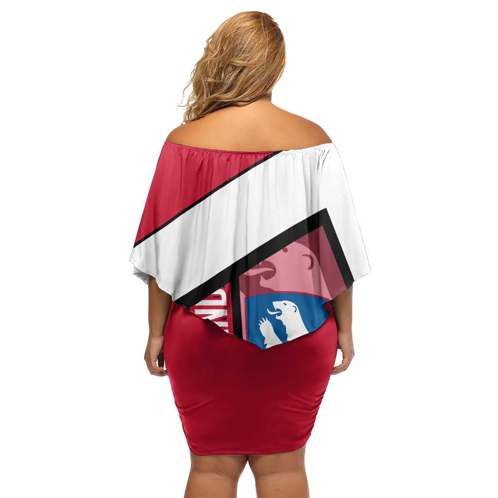 Greenland Off Shoulder Short Dress with Polar Bear Emblem and Land of Ice Heart of Fire Text Design