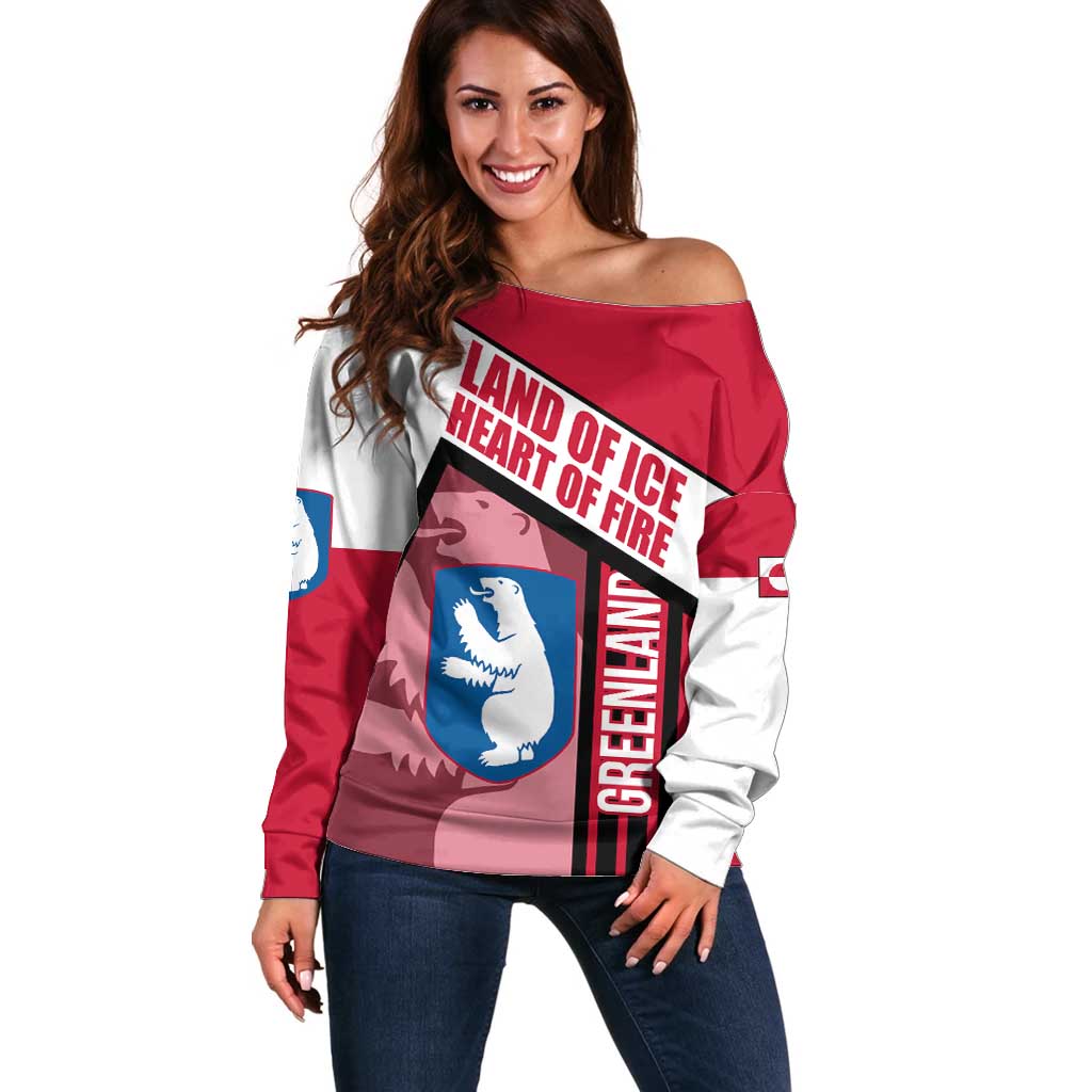 Greenland Off Shoulder Sweater with Polar Bear Emblem and Land of Ice Heart of Fire Text Design