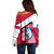 Greenland Off Shoulder Sweater with Polar Bear Emblem and Land of Ice Heart of Fire Text Design