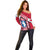 Greenland Off Shoulder Sweater with Polar Bear Emblem and Land of Ice Heart of Fire Text Design